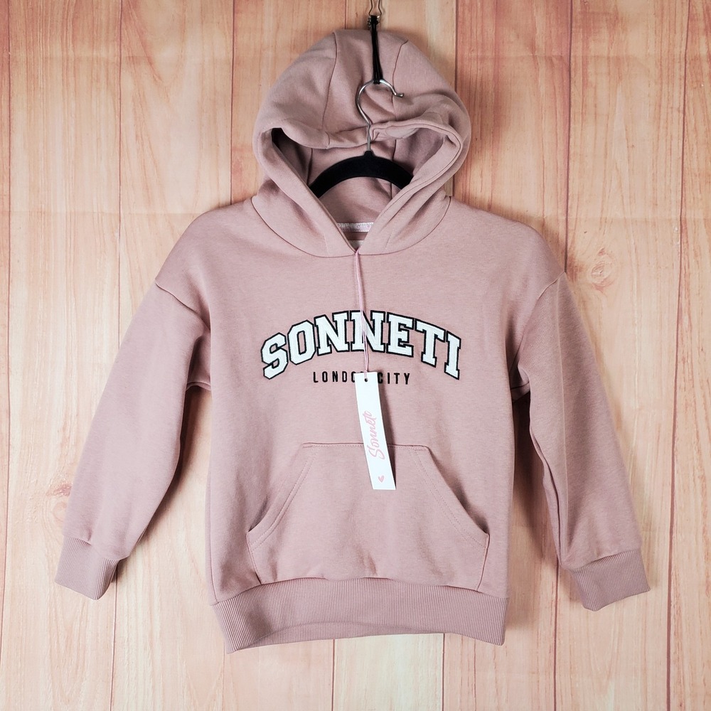 Sonneti London Girls Hoodie S (8-10) Pink Cotton Graphic Fleece Lined Ribbed